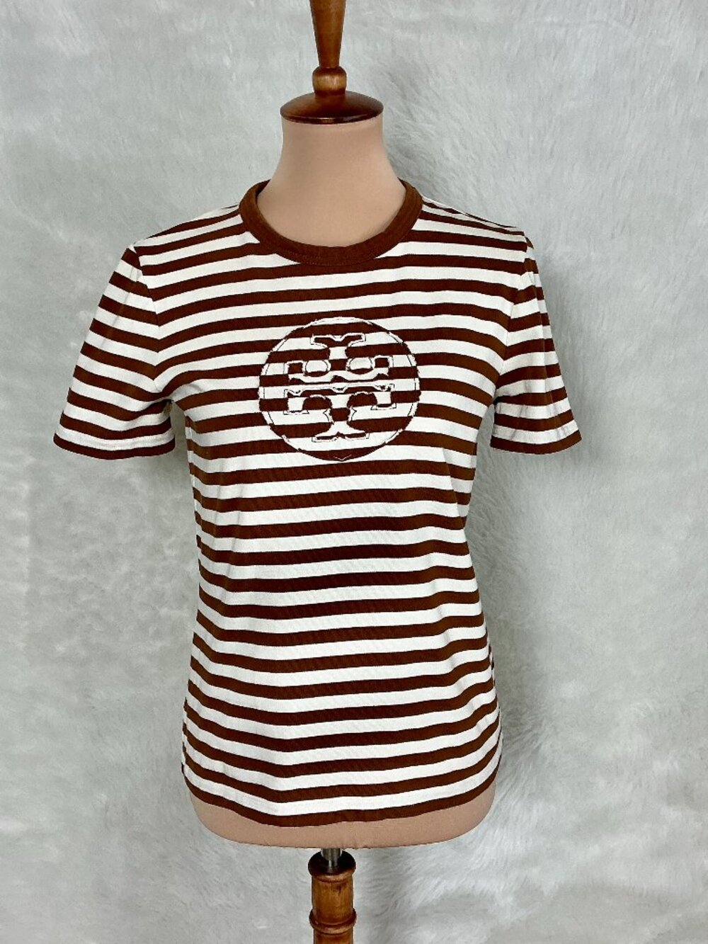 Tory Burch Brown & White Striped Cotton Logo T-Shirt S